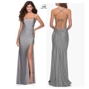 La Femme Size 4 Silver Gray Tie Back Satin Maxi Cocktail Prom Gown Dress Slit